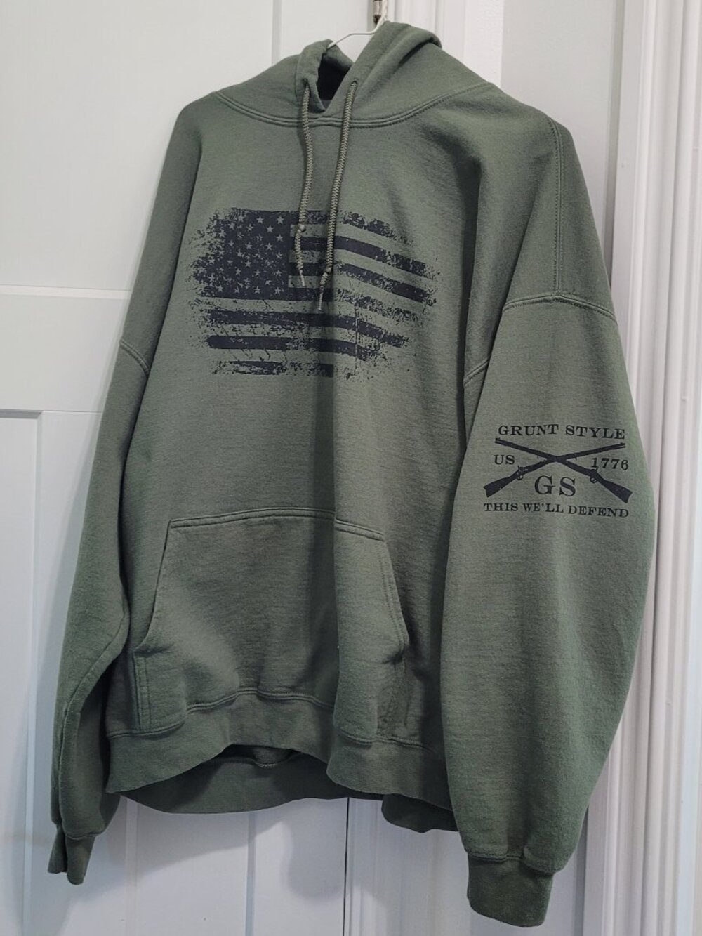 Grunt Style Hoodie XXL Green Distressed American Flag Pullover Hooded Sweatshirt